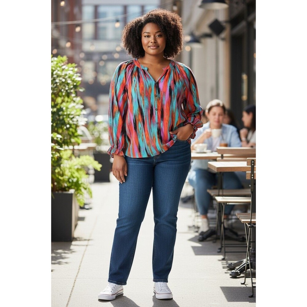 Savanna Jane Top 1X Boho Multicolor Abstract Print Blouse Flowy Long Sleeve Euc